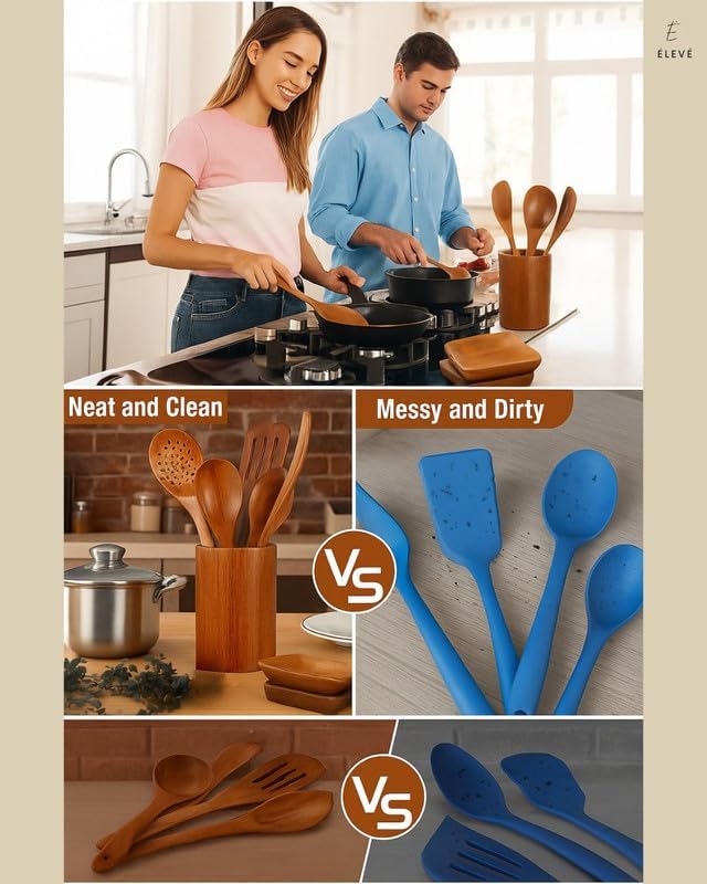Natural Teak Wooden Spoons for Cooking & Serving Spoons | 9-Piece Home and Kitchen Wooden Utensil Set with Utensil Holder & Spoon Rest | Durable and Non-Stick Wooden Kitchen Utensils Set
