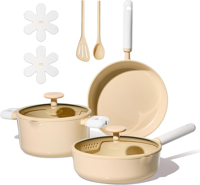 CAROTE Pots and Pans Set Nonstick, Ceramic Cookware Set, Yellow Cooking Set Kitchen Induction Set with Steamer, PFAS PTFE Free,9 Piece