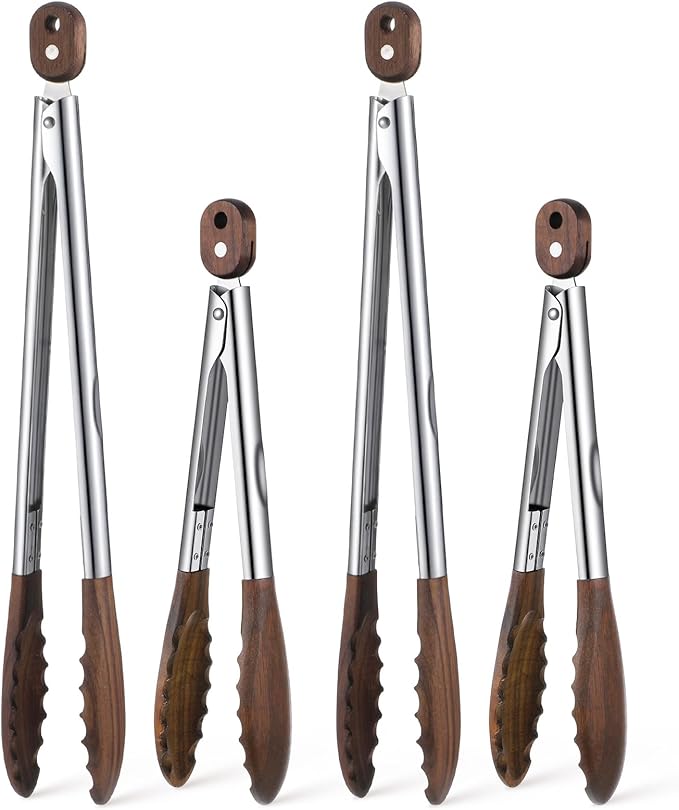 4Pcs Wooden Tongs for Cooking, Stainless Steel Salad Tong with Walnut Wood Tip, 9 Inch 12 Inch Walnut Wooden Kitchen Tongs, Anti-Slip Long Handle Wood Kitchen Utensils for Salad Tossing