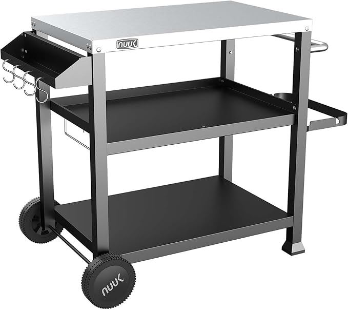 NUUK 3-Shelf Grill Cart for Outdoor with Stainless Steel Top ??20" x 32" Movable Pizza Oven Stand with Wheels Kitchen Prep Table BBQ Cart Worktable