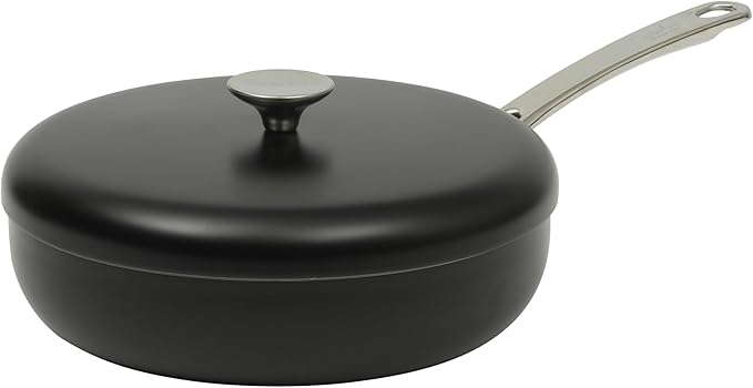 Sur La Table Kitchen Essentials Potluck Porch 4.5 Quart Saut챕 Pan, Deep Frying Pan Skillet w/Lid Aluminum PFA Free Ceramic Cookware Chef's Pan, Omelet Pan - Induction - Black