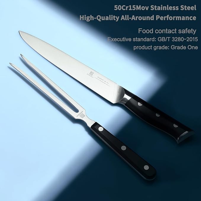8" Stainless Steel Carving Knife and 7" Fork Set, Professional BBQ Brisket Slicing Kit with Ergonomic Full Tang Handle, Premium Meat, Fruits & Vegetables Cutting Tools in Gift Box