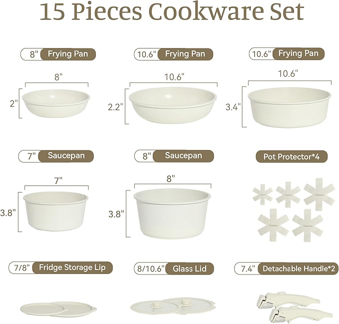 15-Piece Ceramic Nonstick Pots and Pans Set ??Kitchen Cookware with Detachable Handle, RV Camping Cookware Set ??Oven & Dishwasher Safe, PFOA-Free ??Cream White