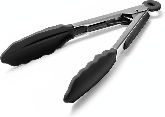 Doosu Kitchen Tongs for Cooking - 600째F Heat Resistant Food Tong with Non-Scratch Silicone Tips, Heavy Duty Stainless Steel Locking Tong for BBQ, Grilling Steak, Serving Salad, Pasta (7in, Black)