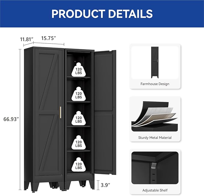COFaR 67'' Tall Slim Bathroom Storage Cabinet, Metal Narrow Bathroom Cabinet with 4 Adjustable Shelves and One Door, Skinny Cabinet Storage for Kitchen Laundry, Black Farmhouse 5 Tiers