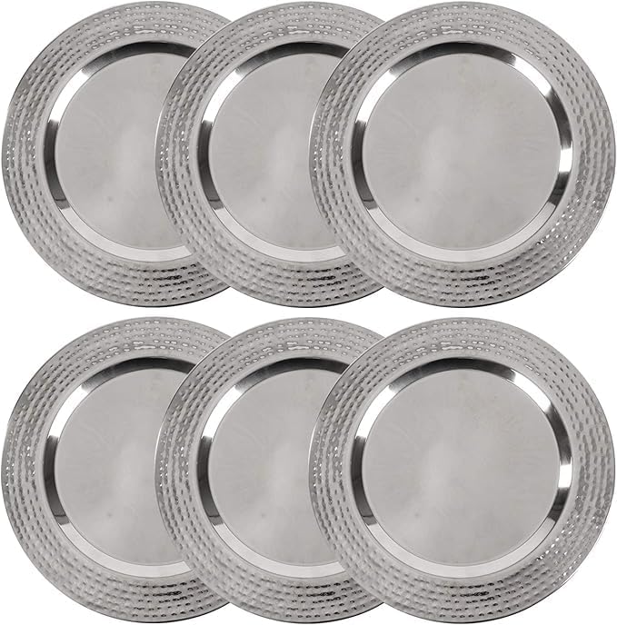 Stainless Charger Plate - 6 Pack - 13 inch Round Stainless Steel Chargers for Dinner Plates with Hammered Rim - Silver Charger Plates Set