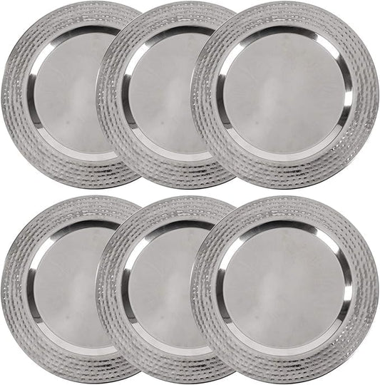 Stainless Charger Plate - 6 Pack - 13 inch Round Stainless Steel Chargers for Dinner Plates with Hammered Rim - Silver Charger Plates Set