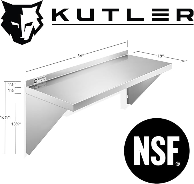 KUTLER Stainless Steel Shelf - 18" x 36", NSF Commercial Wall Mount Shelves with Backsplash, Floating Metal Shelving for Restaurant, Kitchen, Home
