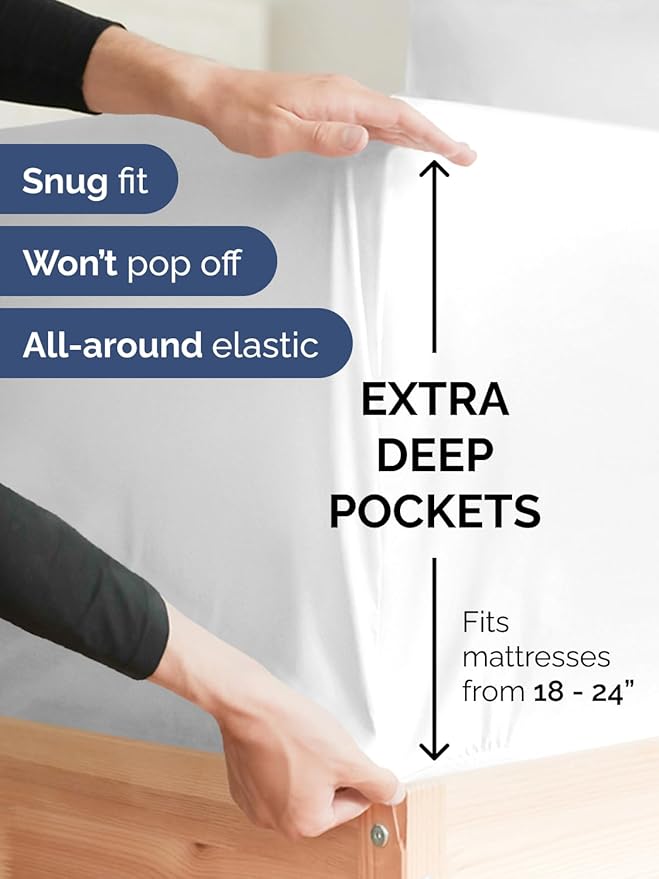 Extra Deep Pocket Cal King Sheets - 4 Piece Breathable & Cooling Bed Sheets - Hotel Luxury Bed Sheet Set - Soft, Wrinkle Free & Comfy - Easily Fits Extra Deep Mattresses - Deep Pocket White Sheets Set