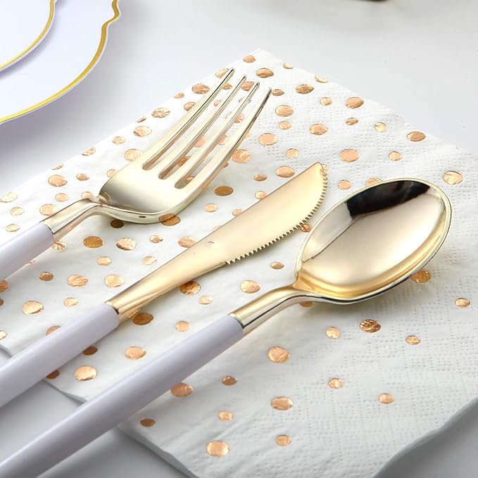 I00000 144Pcs Gold Plastic Silverware, Gold Plastic Utensils Set,Disposable Utensils Heavy Duty,Disposable Silverware Set Includes 48 Forks,48 Knives,48 Spoons for Wedding & Party