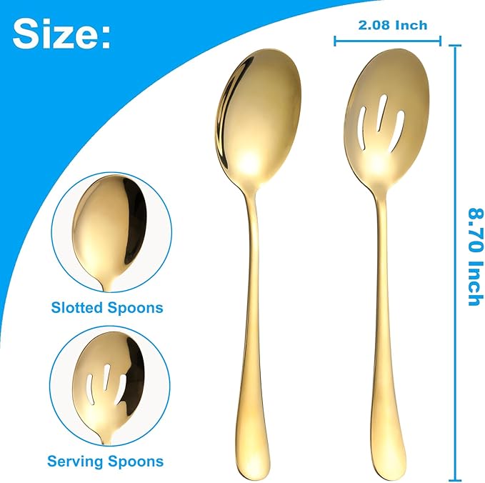 12-Piece Serving Set, 6 Serve Spoon & 6 Slotted Spoon, 8.7-Inch Stainless Steel Banquet Spoons, Large Utensils for Kitchen, Gold