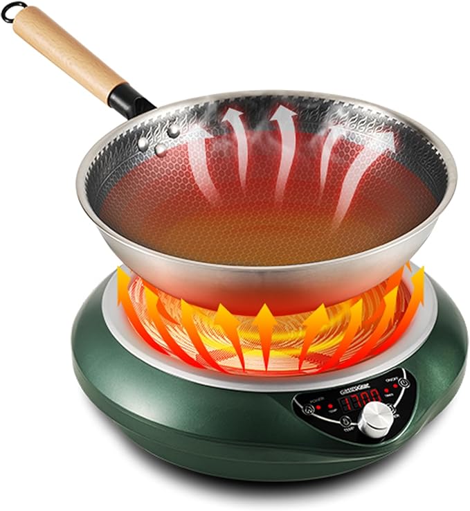 Induction Wok Pan Cooktop 1700W (85V~175V) 16 Levels Temperature & Power Control Induction Wok Burner with 18 Hours Timer, Auto-off, Fast & Even Heating Concave Electric Stove (Green)