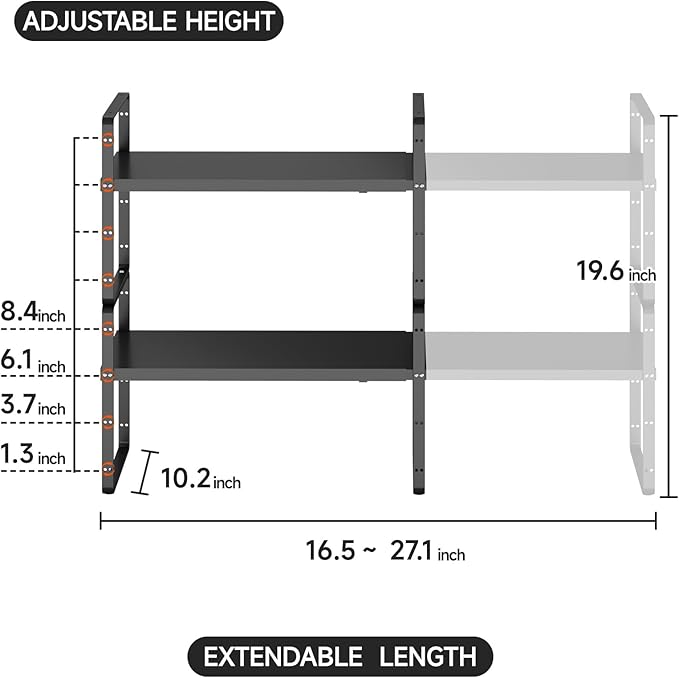 2Pack 16.5-27?쇺셂 Expandable Kitchen Shelf Organizer, Stackable Shelves Organizer, Adjustable Height Pantry Spice Rack for Cabinet, Countertop, Pantry and Cupboard, Black