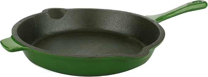 BergHOFF 3Pc Neo Enameled Cast Iron Cookware Set, Fry Pan 10 inches, Grill Pan 11 inches, Slotted Steak Press, Oven Safe Up To 400째F, Green
