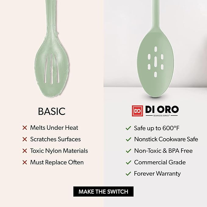 DI ORO Silicone Spoons for Cooking - Large Kitchen Spoons for Mixing, Serving, & Stirring - 600째F Heat-Resistant Non Stick Utensils ??Big Solid & Slotted Basting Spoons - Dishwasher Safe (2pc, Sage)