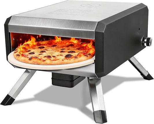 Pizza Oven, with 14" Pizza Stone and Legs,Automatic Rotation Function Outdoor Gas Pizza Ove, Carbon Steel Material,Maximum Temperature of 700째F, for Camping, Parties and Backyard Barbecues,Outdoor