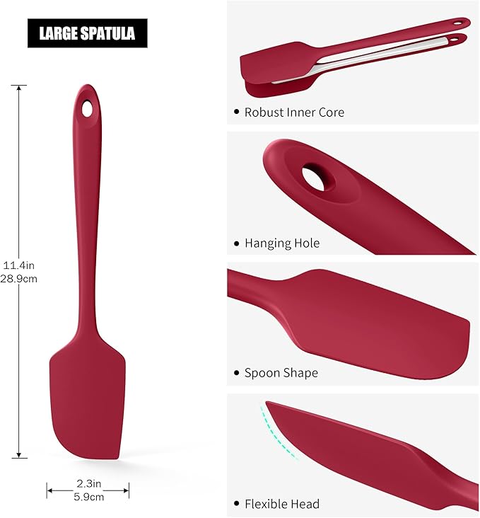 600째F Heat Resistant Silicone Spatula, Doosu High Temp Flexible Kitchen Rubber Bowl Scrapers Food Grade Seamless Baking Supplies Scratch-Proof for Scraping Non-Stick Pans (Red, 11.4in)