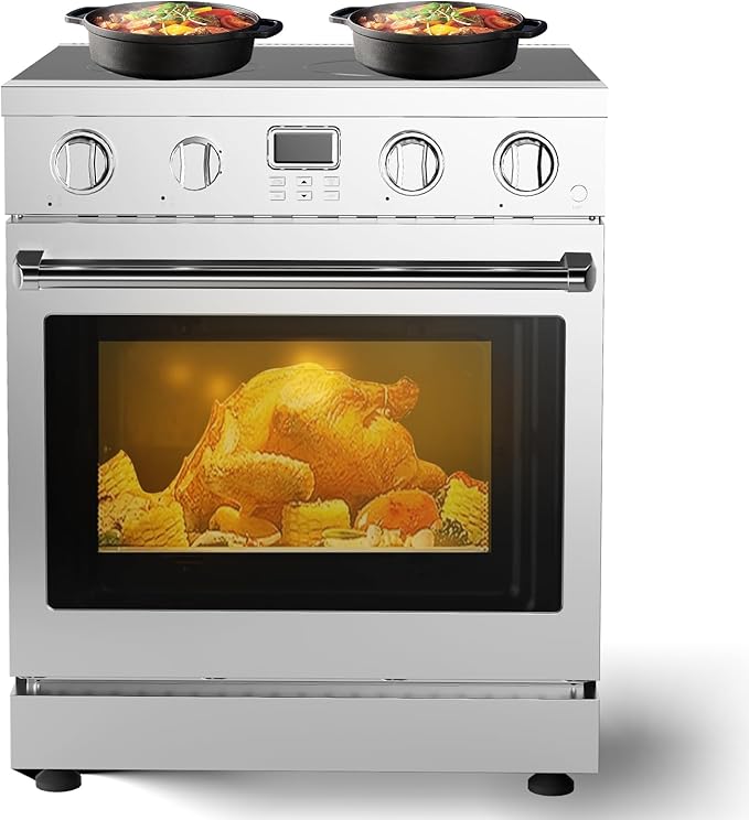 30 Inch Electric Range with 4.8 Cu.Ft Convection Oven, 4 High-Power Burners & 6 Cooking Modes, Smooth Glass Cooktop, Built-In Timer, Freestanding Professional Stainless Steel Kitchen Stove