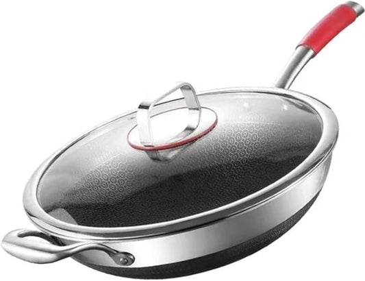 Honeycomb Wok 12 inch Pan with Lid, nonstick stir fry with silicone handles, Hybrid stainless steel cooking frying pan, dishwasher safe.