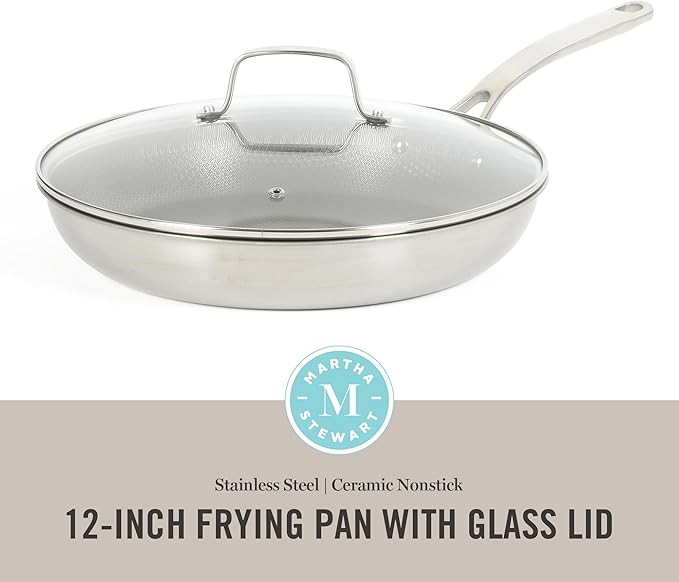 Martha Stewart Badgley Hybrid Nonstick 12 Inch TriPly Stainless Steel Large Fry Pan With Lid & Stay Cool Handle - Laser Etched Non-Toxic Perfect Sear Nonstick Skillet - Dishwasher and Induction Safe