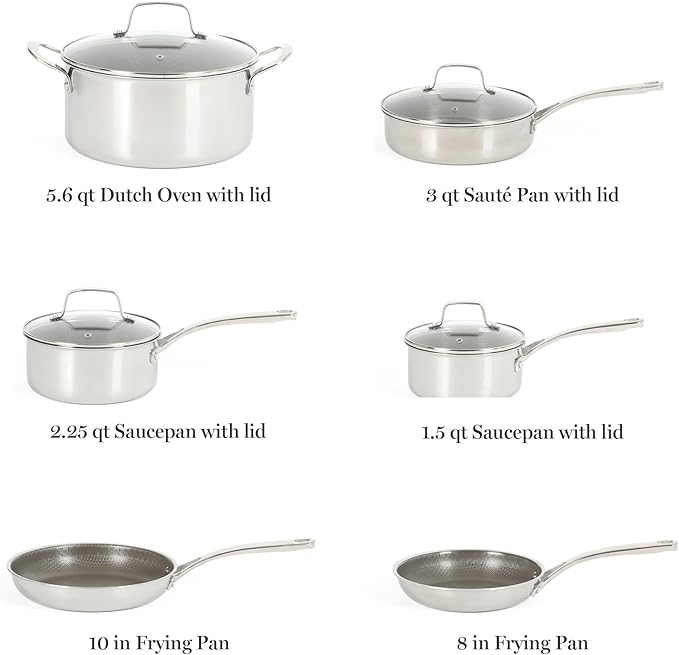 Martha Stewart Badgley Hybrid Nonstick 10 Piece TriPly Stainless Steel Pots and Pans Non-Toxic Kitchen Cookware Set - Laser Etched Perfect Sear Nonstick W/Stay Cool Handle Dishwasher & Induction Safe