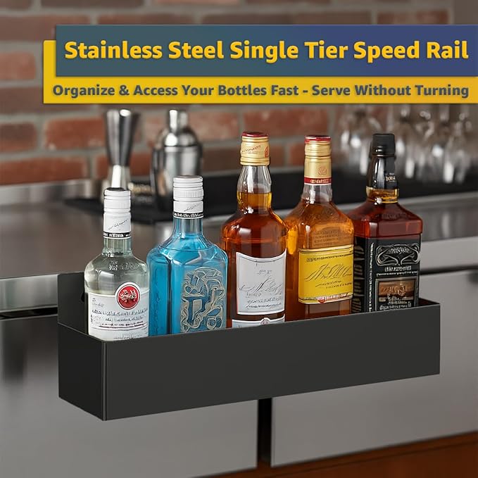 32" Stainless Steel Single Tier Speed Rail, Restaurant Bottle Holder, Liquor Rack, Drink Rail Shelf, Bar Organizer for Sauce, Syrup, Spice - Black