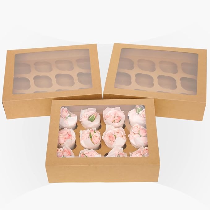 qiqee Auto-pop Up Cupcake Boxes with Window Brown 40PCS 12 Count Cupcake Box 13"x10"x3.5" Cupcakes Carrier, 12 Cupcake Containers with 2 rolls of pink ribbons