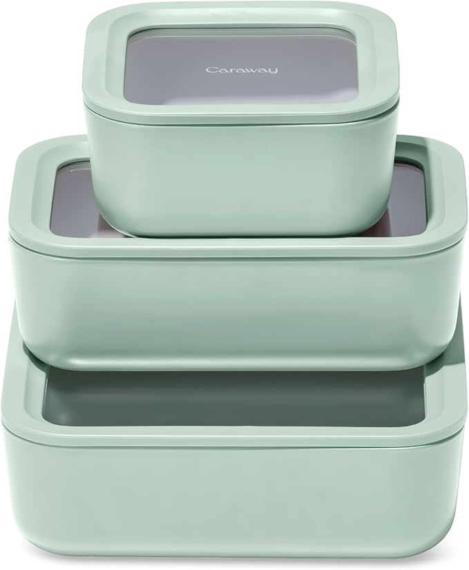 Caraway 3pc Glass Food Storage Set ??10 Cup, 6.6 Cup, & 4.4 Cup Food Containers - Ceramic Coated - Non Toxic Non Stick Lunch Box with Glass Lids - Dishwasher, Oven, & Microwave Safe - Mist