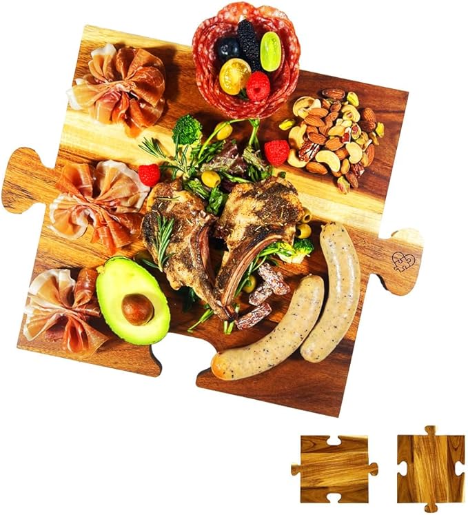 Charcuterie Board Sett, Premium Acacia Wood Cheese Boards, Puzzle Shaped Serving Tray, House Warming Gifts New Home, Wedding & Bridal Shower Gift, 2 Pack