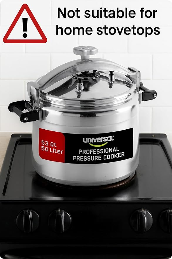 Universal (Extra Large) 53-Quart Aluminum Pressure Cooker for Professional Use ??Commercial-Grade, 2 Safety Valves, Reinforced Handles, Easy-Open Lid, ??Ideal for Large Kitchens, and Restaurants