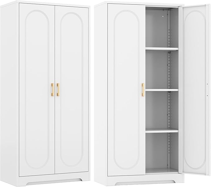 Kitchen Pantry Cabinet,60?쒶etal White Storage Cabinets with Doors and Shelves,Tall Cabinet with 2 Gold Hands for Dinning Room,Living Room