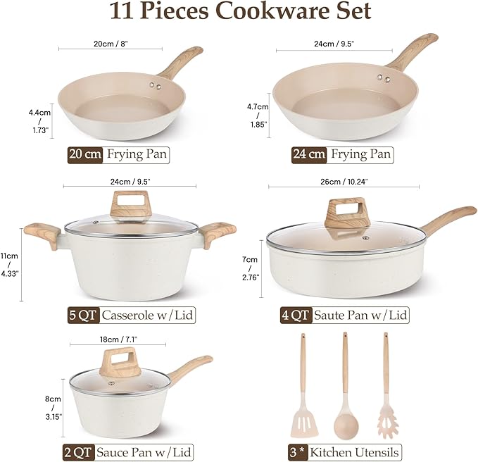 Pots and Pans Set Non Stick, 11 Pcs Ceramic Cookware Set, Nonstick Induction Cookware, Non-toxic Kitchen Cooking Set with Frying Pan Set, Cream