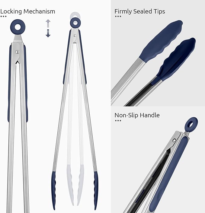 600쨘F Heat Resistant Kitchen Tongs: U-Taste 16 in Extra Long Large Silicone Cooking Tong with Non Stick Rubber Tips & Non Slip Silicon Coated 18/8 Stainless Steel Handle for Grill BBQ (Midnight Blue)