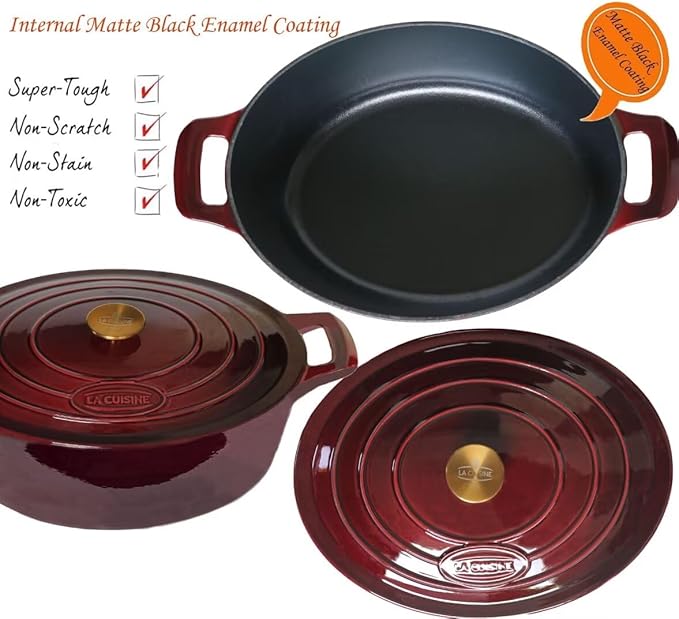 La Cuisine Enameled Cast Iron Oval Dutch Oven Casserole Dish Pot with Lid 6.75 QT Internal Matte Black Enamel Coating for bread baking, Gold-Plated Stainless Steel Lid Handle, Oven Safe up to 500째 F. Cranberry
