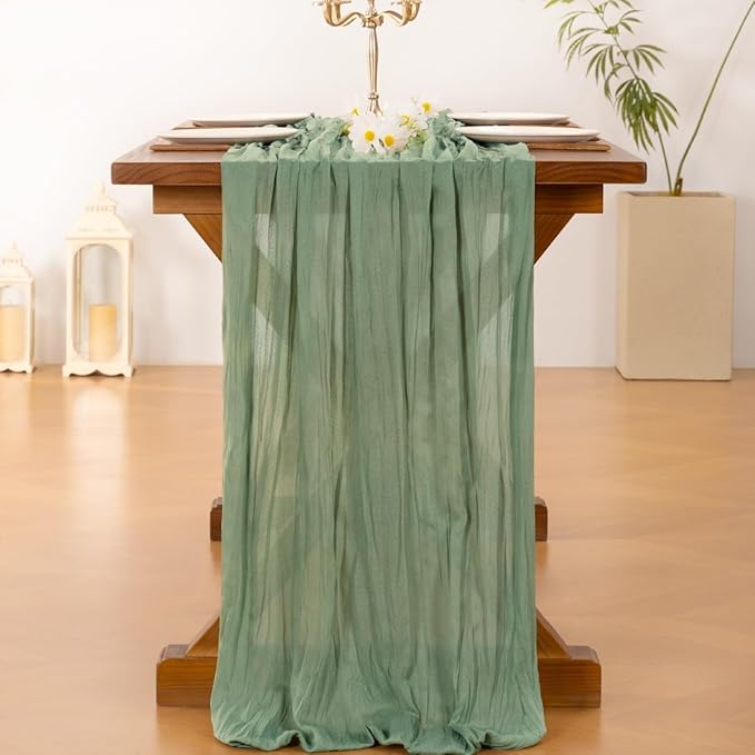 Socomi Sage Green Cheesecloth Table Runner Spring Easter Boho Rustic Farmhouse Gauze 120 inch 10FT Cheese Cloth Runner for Wedding Party Baby Shower Birthday Home Decor Holiday Decorations