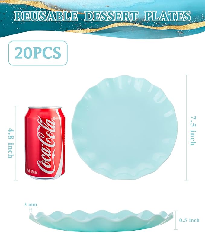 LIYH 20 Pcs 7.5 Inch Ice Blue Plastic Scalloped Plates Reusable - Unbreakable Dessert Plastic Cake Plates Dishwasher Safe Perfect for Party Birthday