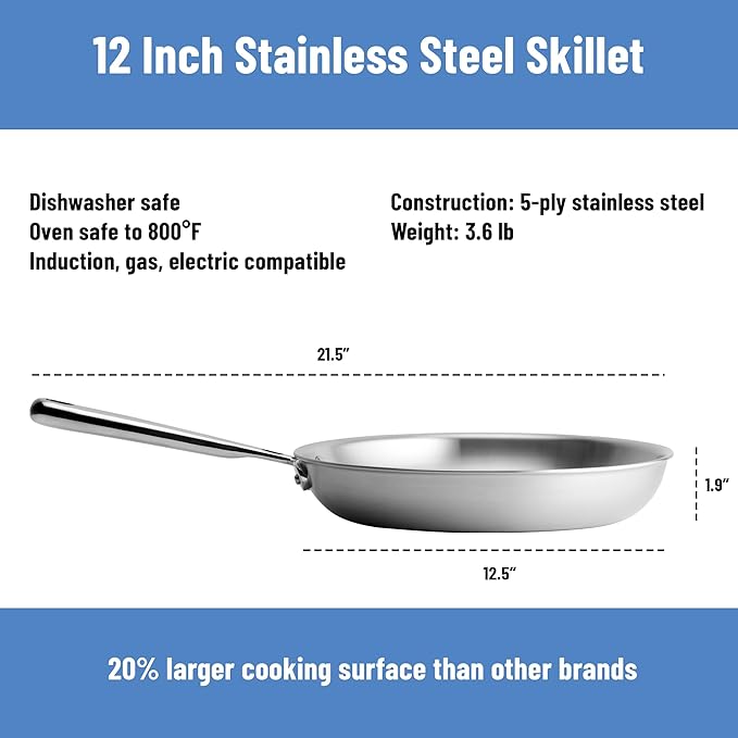 Misen 5-Ply Stainless Steel 12" Frying Pan - Professional Cookware for Induction, Gas and Electric - Dishwasher Safe, Oven Safe to 800째F - Durable, Versatile, Even Heating