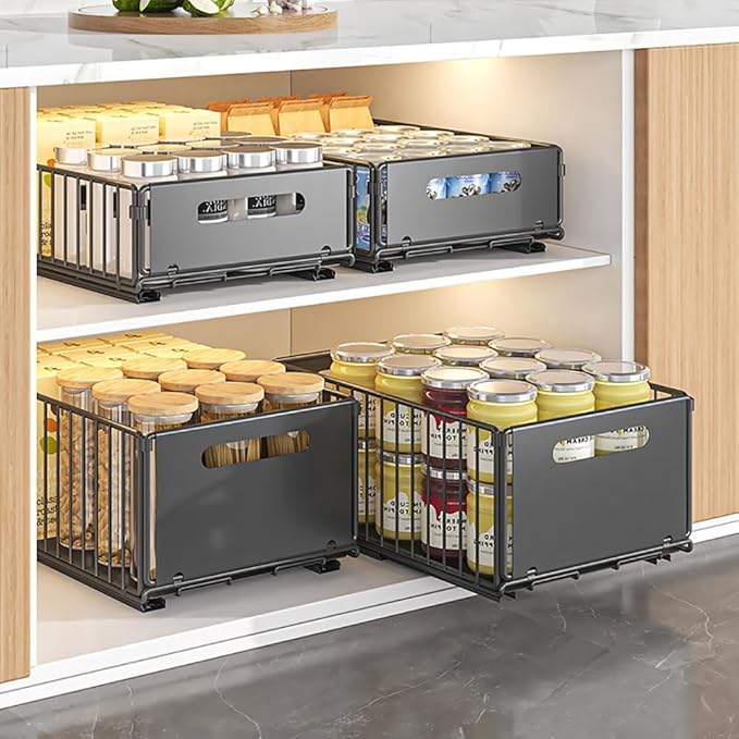 Pull Out Cabinet Organizer Slide Out Drawer Storage Shelves Cupboard Organiser Sliding Cabinet Basket for Kitchen No Drilling and Nailing (Black, 4Piece 9.8" W X15 D X 7.5" H)