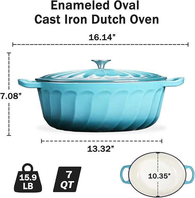 Enameled Oval Dutch Oven Pot with Lid, 7 QT Cast Iron Dutch Oven with Dual Handles for Cooking, Bread Baking, Frying, Non-stick Enamel Coated Oven (Blue-Green)