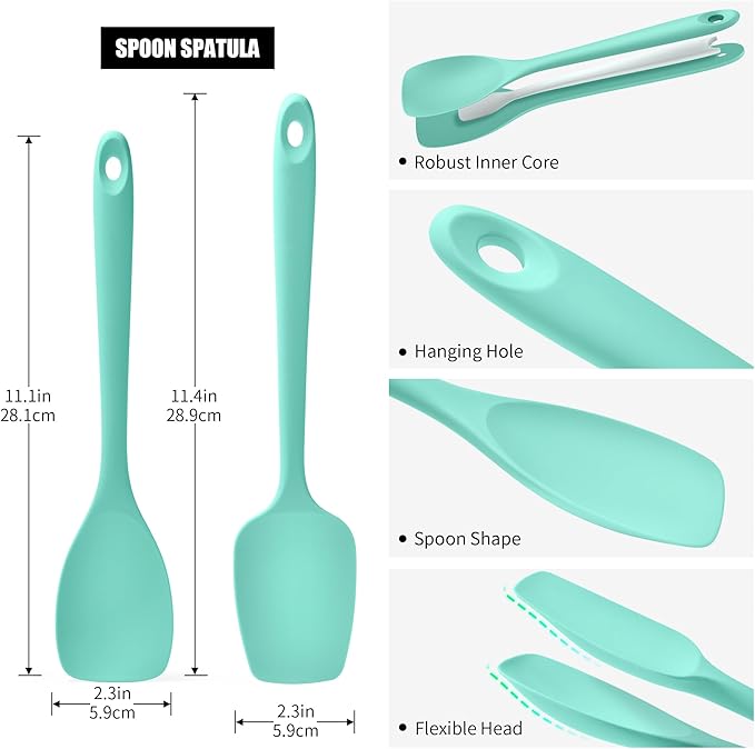 Doosu Silicone Spoon Spatula Set of 2, 600쨘F Heat-Resistant Food Grade Rubber Spoonula with Seamless Design, Non-Stick Dishwasher Safe Kitchen Utensils for Cooking, Baking, Mixing, Scraping (Aqua Sky)