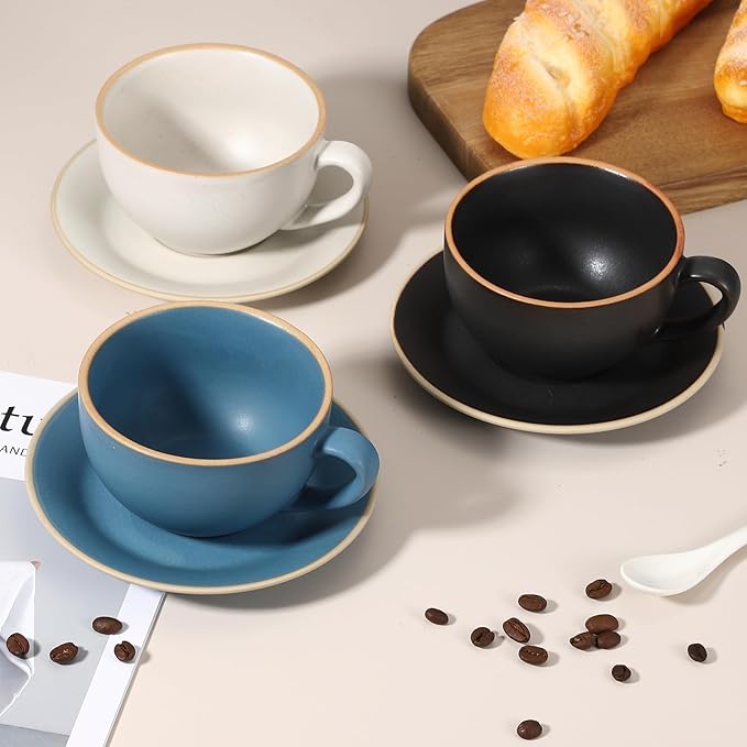 uxcell Handmade Vintage Espresso Cups, 9.5 oz Coffee Cups and Saucers Ceramic Tea Cup with Handle Dishwasher and Microwave Safe for Latte Cappuccino Milk Office Home Gifts, Morandi Blue