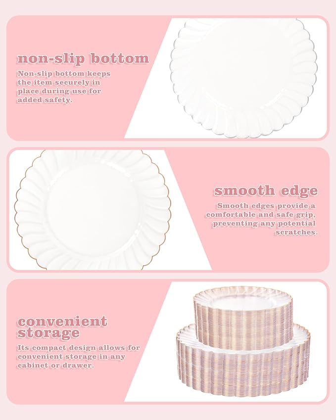 YOUBET 100PCS Rose Gold Scalloped Plastic Plates - Heavy Duty Clear Rose Disposable Fancy Hard Plates Include 50 Dinner Plate, 50 Dessert Plate for Wedding & Baby Shower Party