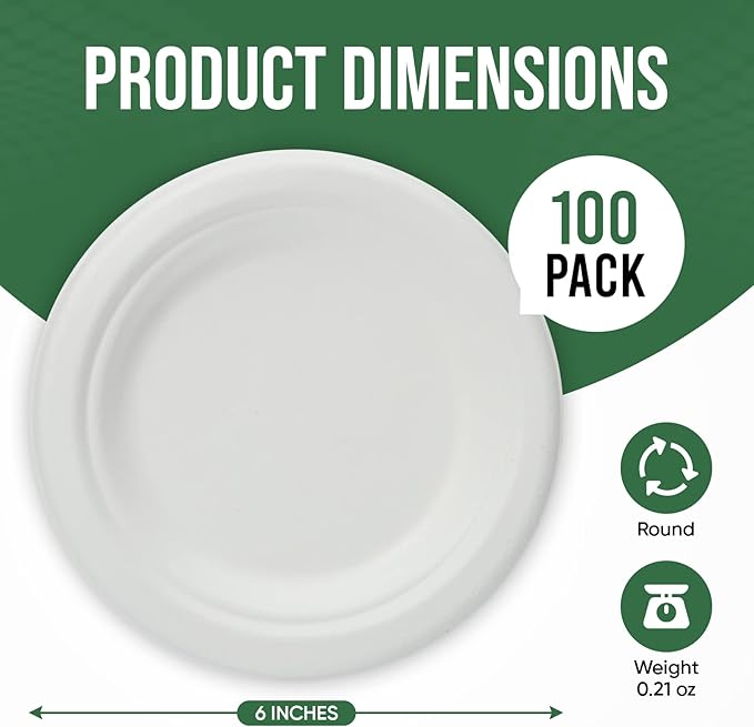 Dessert Plates, 100 Pack Small Paper Plates, Paper Plates 6 Inch ??100% Compostable Plates, Water & Oil Proof Disposable Plates, Microwavable Perfect Paper Plate For Party - White