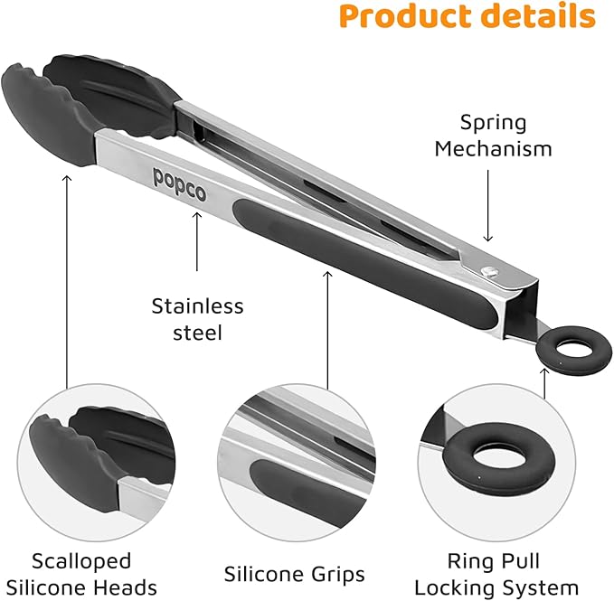Popco 3-Piece Kitchen Tongs Set ??Stainless Steel Heat Resistant Silicone Tips, Strong Comfort Grip, 3 Sizes (7, 9, 12 Inch), Non-Scratch, Dishwasher Safe, for Cooking, BBQ, Salad