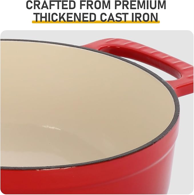 Dutch Oven Pot with Lid, 6 Quart Enameled Cast Iron Dutch Oven, Dual Handles, Kitchen Pots Oven Safe up to 500째F, Stovetop Compatible, Marinate, Cook, Bread Baking, Refrigerate & Serve, Red