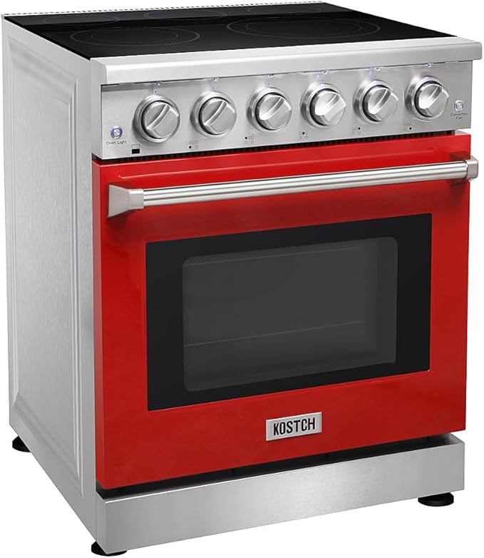 KOSTCH 30 inch Professional Electric Range with 5 Heating Elements Cooktop, 4.55 Cu. Ft. Convection Oven Capacity, Smooth Glass Top, in Stainless Steel, KOS-30RE06H (Red)