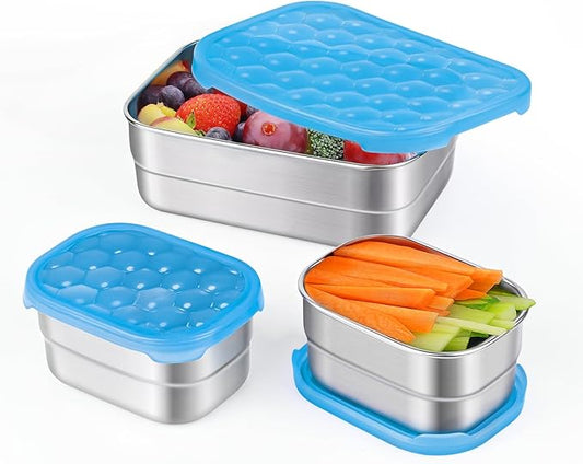 Tanjiae Small Stainless Steel Lunch Containers for Kids | Leak Proof Snack Containers with 100% Pure Silicone Lids - Perfect Metal Lunch Box with Lids for School and Daycare (25oz+8oz*2)
