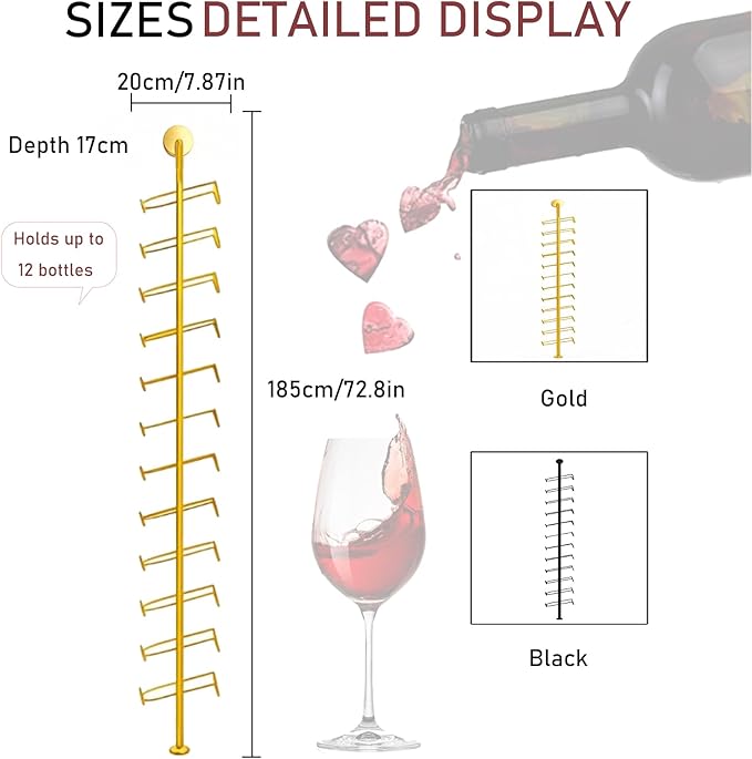 Large Wall Mount Wine Rack, H 72.8inch Wall Mounted Shelves for Bar, Holds 12 Metal Wine Storage Holder, for Commercial Restaurants Pantry Bar Wine Cellar (Gold, Three rows-36 Bottles)