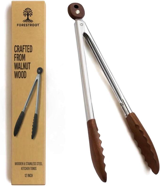 Walnut Wood Kitchen Tongs ??12-Inch Nonstick-Safe Wooden Salad & Grill Tongs for Cooking, Serving, BBQ, and Tossing Salad ??Durable Stainless Steel Core with Natural Wooden Tips