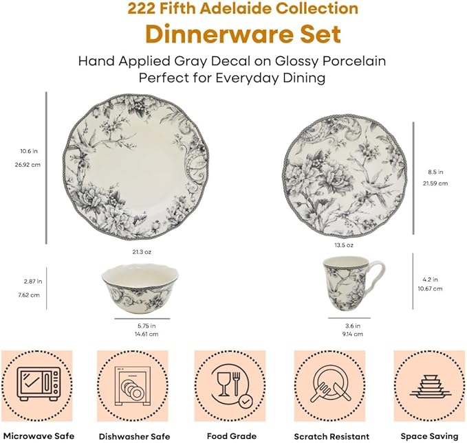 222 Fifth Adelaide 16-Piece Casual Grey Porcelain Dinnerware Set ??Service for 4, Classic Toile Bird & Floral Design, Microwave & Dishwasher Safe, for Everyday Dining & Entertainment